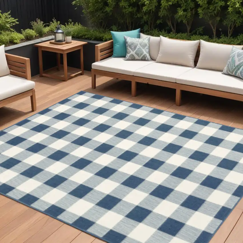 Blue and Ivory Geometric Stain Resistant Indoor Outdoor Area Rug Photo 1