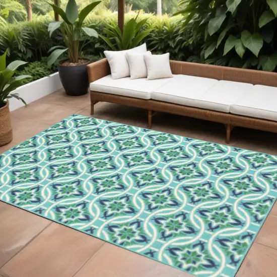Blue and Green Geometric Stain Resistant Indoor Outdoor Area Rug Photo 1