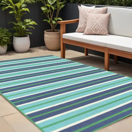 Blue and Green Geometric Stain Resistant Indoor Outdoor Area Rug Photo 1
