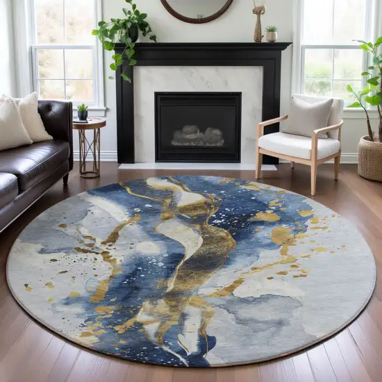 8' X 8' Blue Gold And Ivory Abstract Washable Round Rug With UV Protection Photo 3