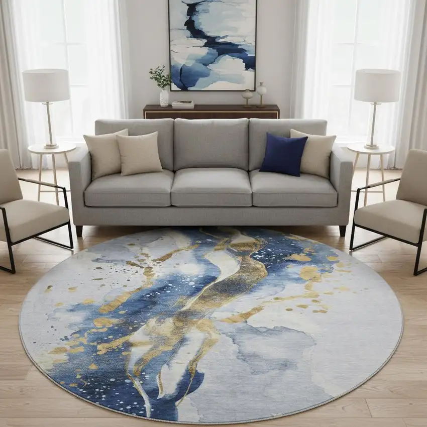8' X 8' Blue Gold And Ivory Abstract Washable Round Rug With UV Protection Photo 2