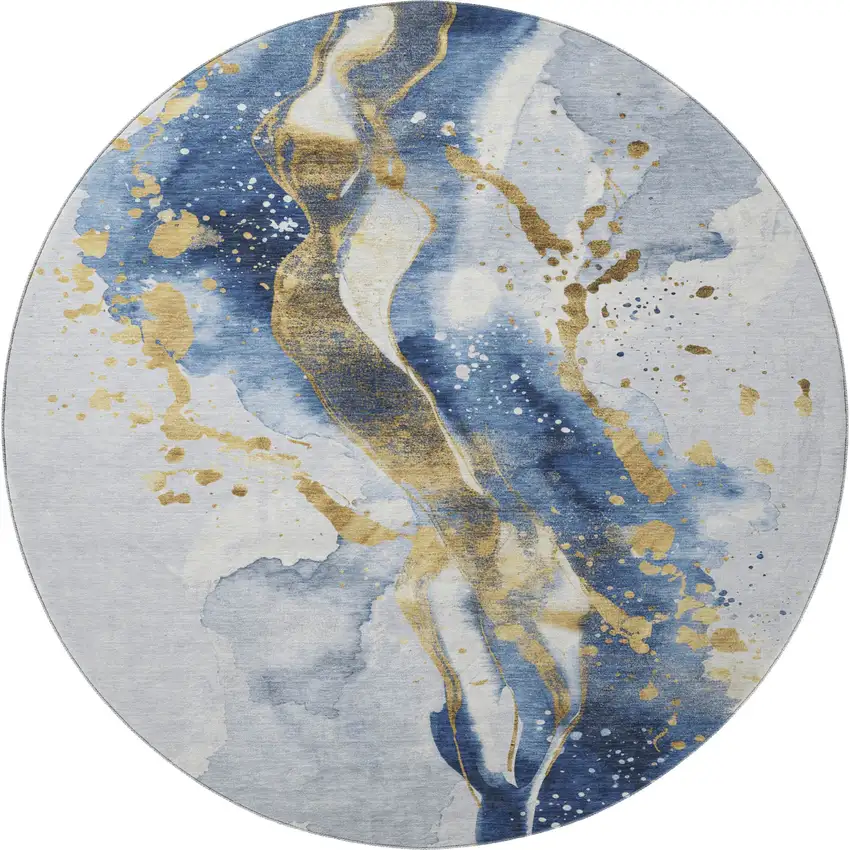 8' X 8' Blue Gold And Ivory Abstract Washable Round Rug With UV Protection Photo 2
