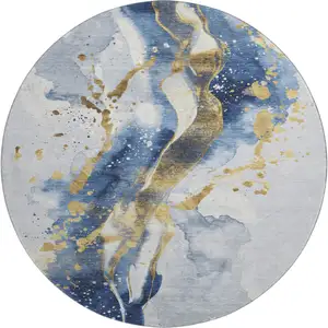 Photo of 8' X 8' Blue Gold And Ivory Abstract Washable Round Rug With UV Protection