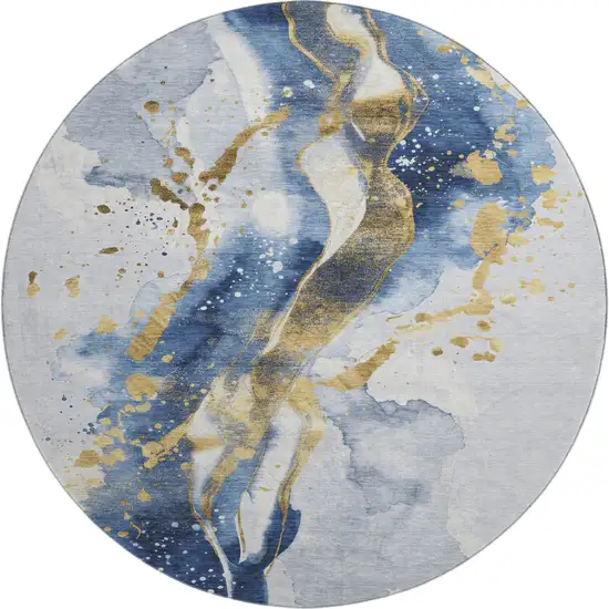 8' X 8' Blue Gold And Ivory Abstract Washable Round Rug With UV Protection Photo 1