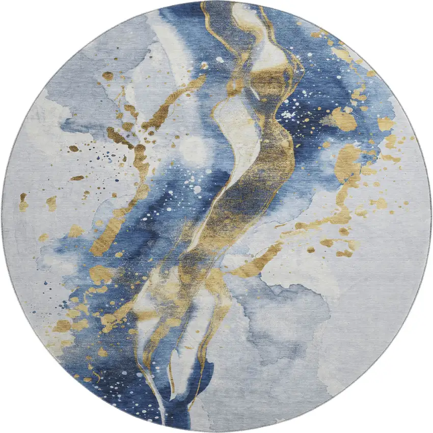 8' X 8' Blue Gold And Ivory Abstract Washable Round Rug With UV Protection Photo 1