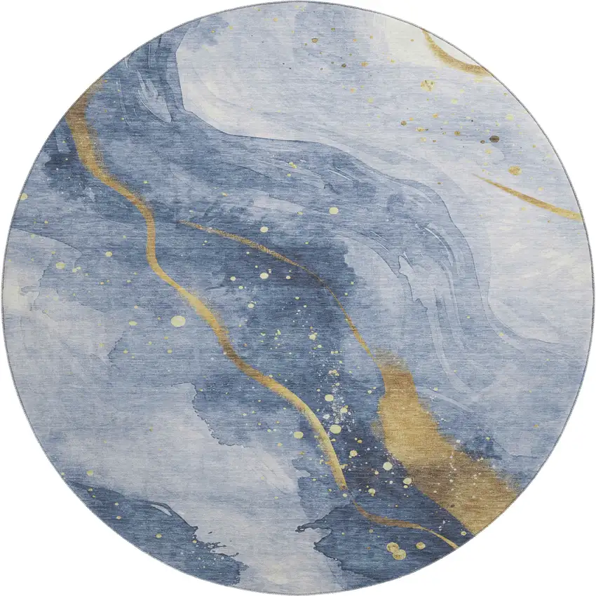 8' X 8' Blue Gold And Ivory Abstract Washable Round Rug With UV Protection Photo 1