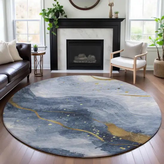 8' X 8' Blue Gold And Ivory Abstract Washable Round Rug With UV Protection Photo 3