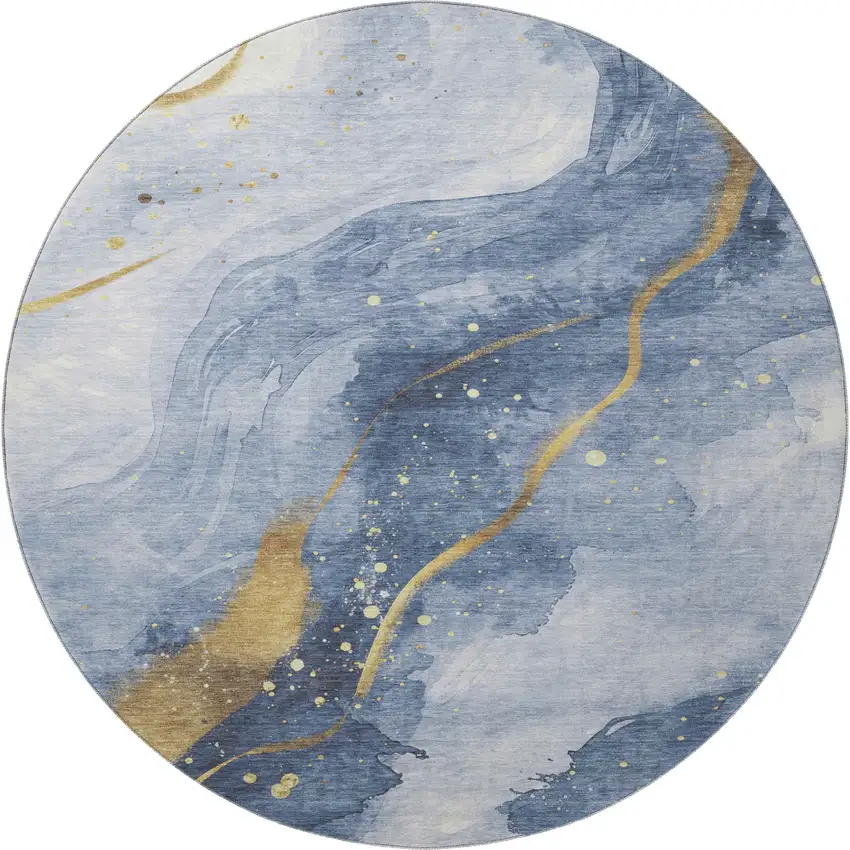 8' X 8' Blue Gold And Ivory Abstract Washable Round Rug With UV Protection Photo 2