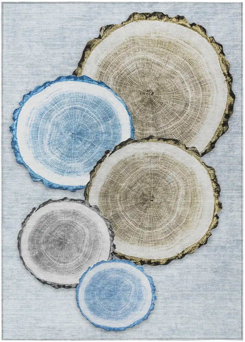 Blue Gold and Gray Faux Bois Washable Non Skid Indoor Outdoor Area Rug Photo 2