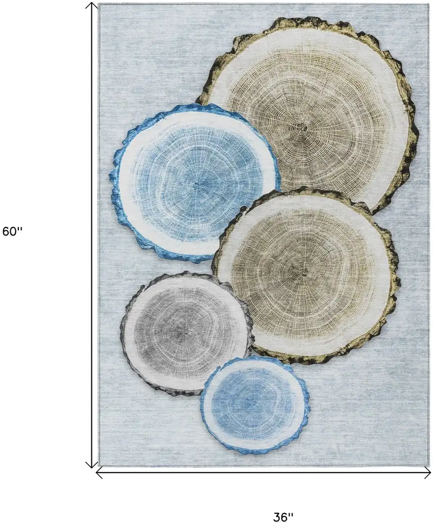 Blue Gold and Gray Faux Bois Washable Non Skid Indoor Outdoor Area Rug Photo 3