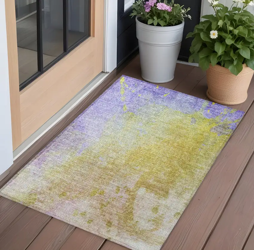 3' X 5' Blue Gold and Wheat Abstract Washable Non Skid Indoor Outdoor Area Rug Photo 1