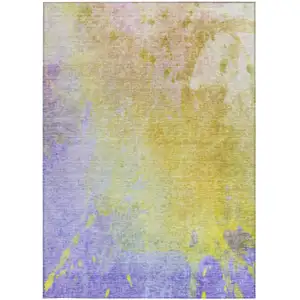 Photo of 3' X 5' Blue Gold and Wheat Abstract Washable Non Skid Indoor Outdoor Area Rug
