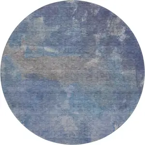 Photo of 8' X 8' Blue Gray And Silver Abstract Washable Round Rug With UV Protection