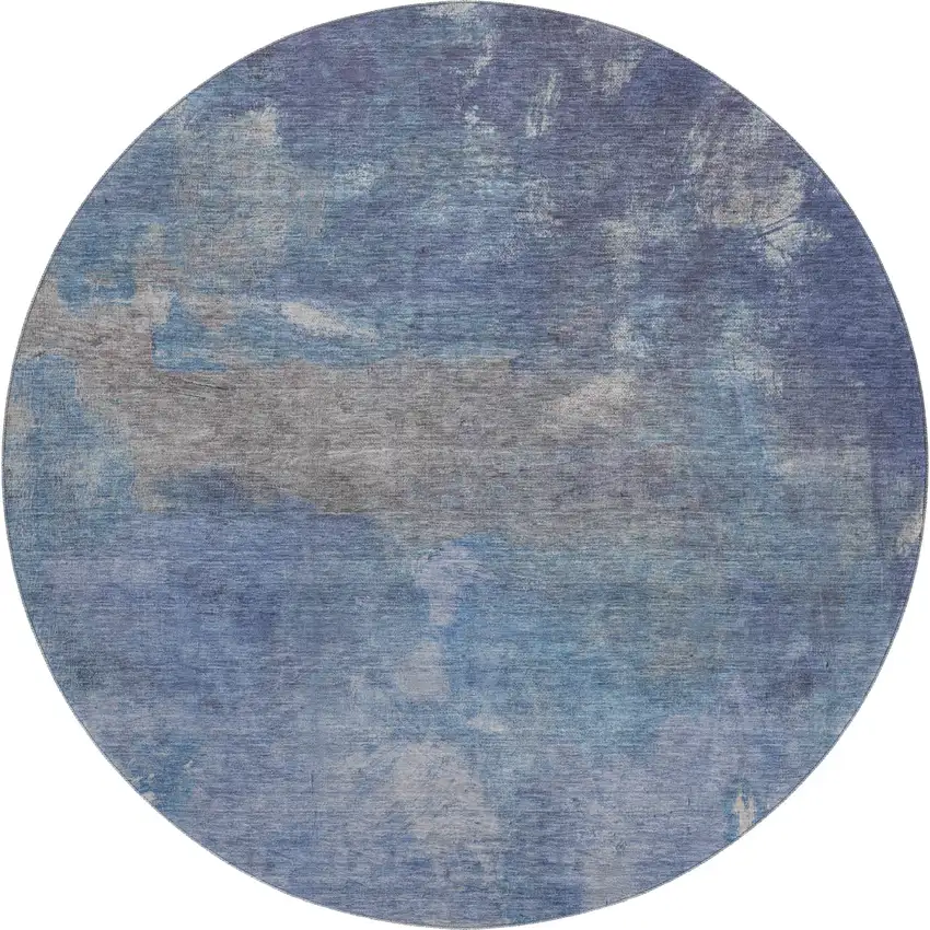 8' X 8' Blue Gray And Silver Abstract Washable Round Rug With UV Protection Photo 1