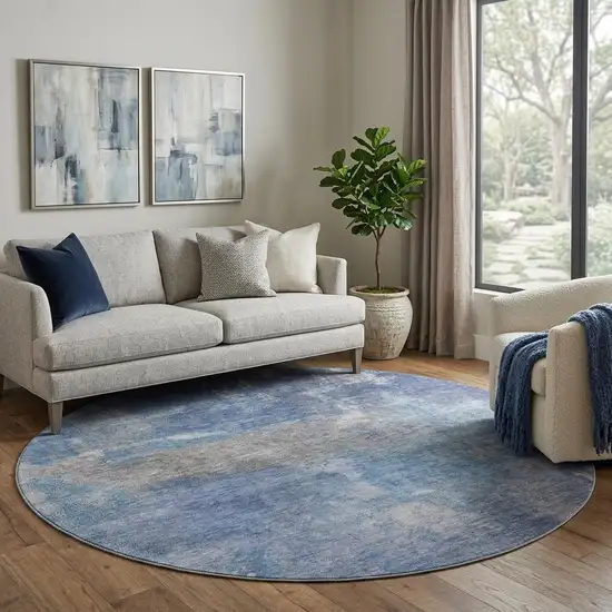 8' X 8' Blue Gray And Silver Abstract Washable Round Rug With UV Protection Photo 1