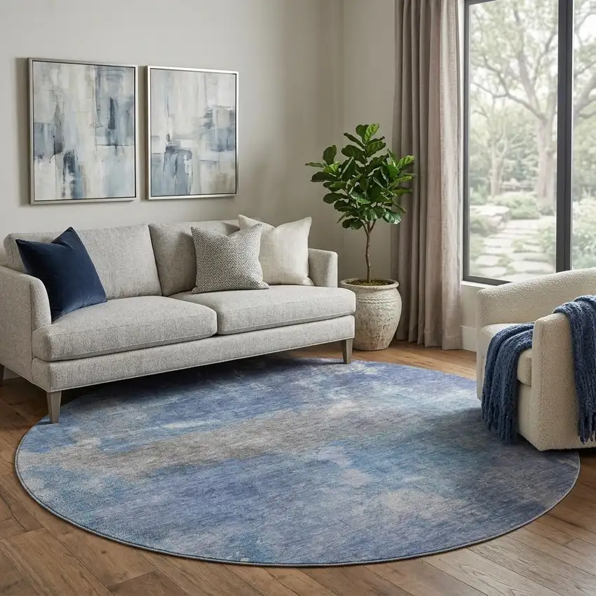 8' X 8' Blue Gray And Silver Abstract Washable Round Rug With UV Protection Photo 1