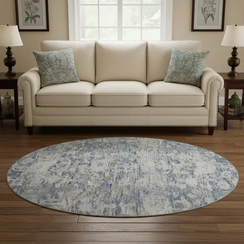 8' X 8' Blue Gray And Silver Floral Washable Round Rug With UV Protection Photo 2