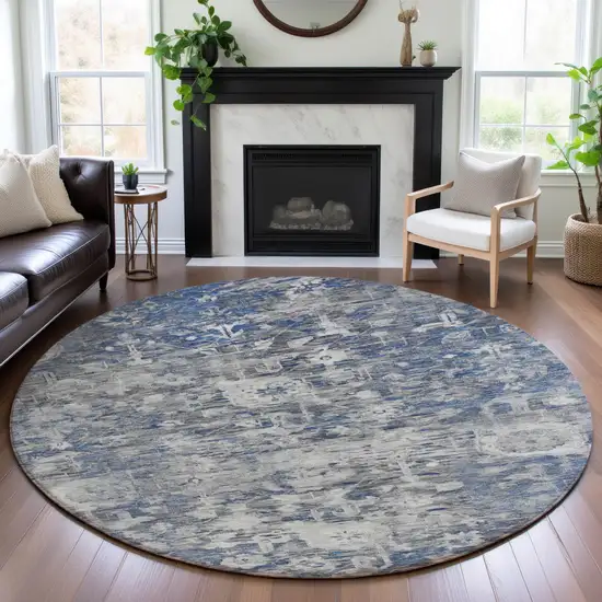 8' X 8' Blue Gray And Silver Floral Washable Round Rug With UV Protection Photo 4