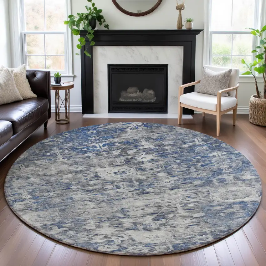 8' X 8' Blue Gray And Silver Floral Washable Round Rug With UV Protection Photo 4
