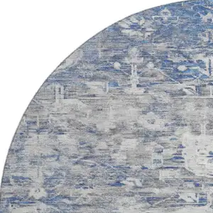 Photo of 8' X 8' Blue Gray And Silver Floral Washable Round Rug With UV Protection
