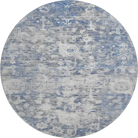 8' X 8' Blue Gray And Silver Floral Washable Round Rug With UV Protection Photo 1