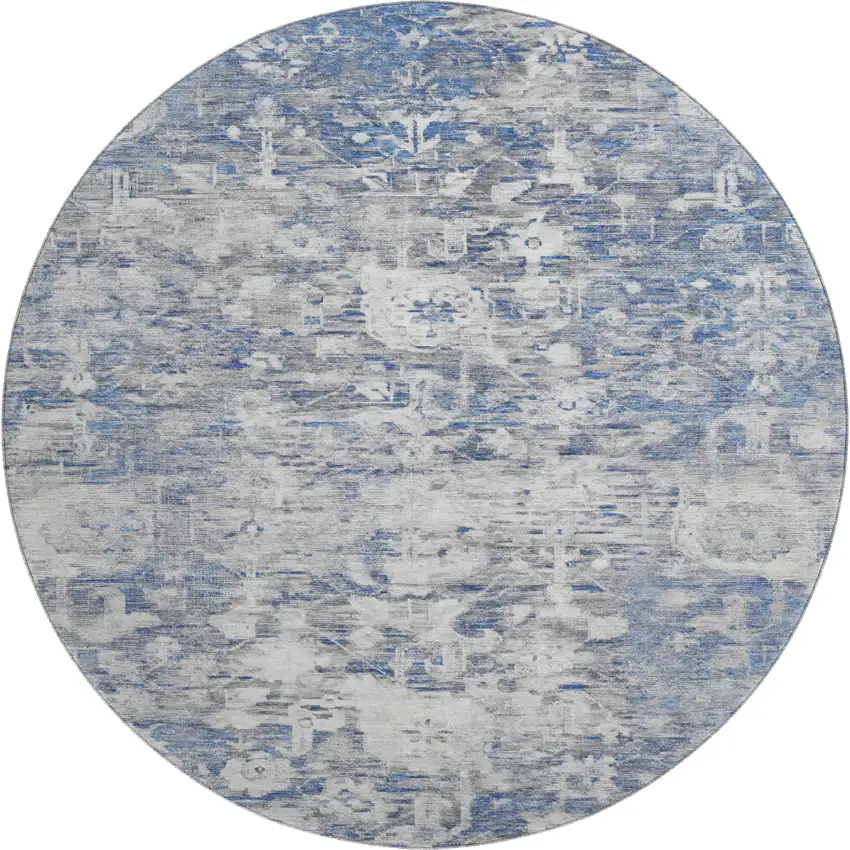 8' X 8' Blue Gray And Silver Floral Washable Round Rug With UV Protection Photo 1