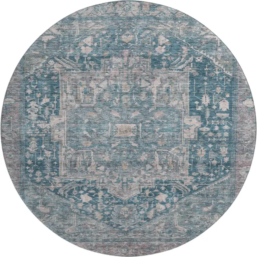 8' X 8' Blue Gray And Silver Oriental Washable Round Rug With UV Protection Photo 1