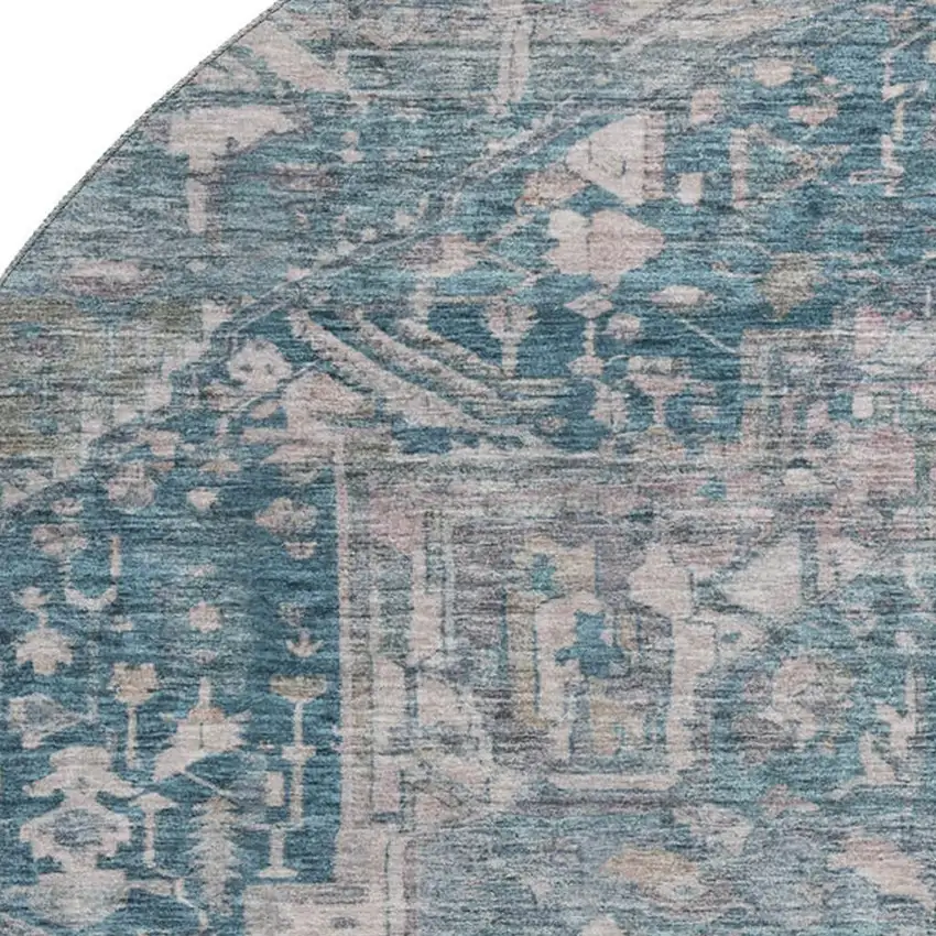 8' X 8' Blue Gray And Silver Oriental Washable Round Rug With UV Protection Photo 2