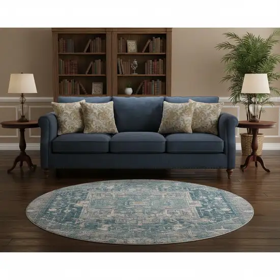 8' X 8' Blue Gray And Silver Oriental Washable Round Rug With UV Protection Photo 2