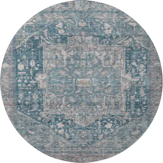 8' X 8' Blue Gray And Silver Oriental Washable Round Rug With UV Protection Photo 3