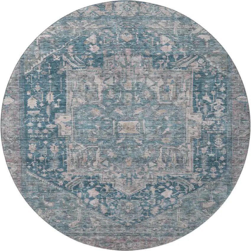 8' X 8' Blue Gray And Silver Oriental Washable Round Rug With UV Protection Photo 3