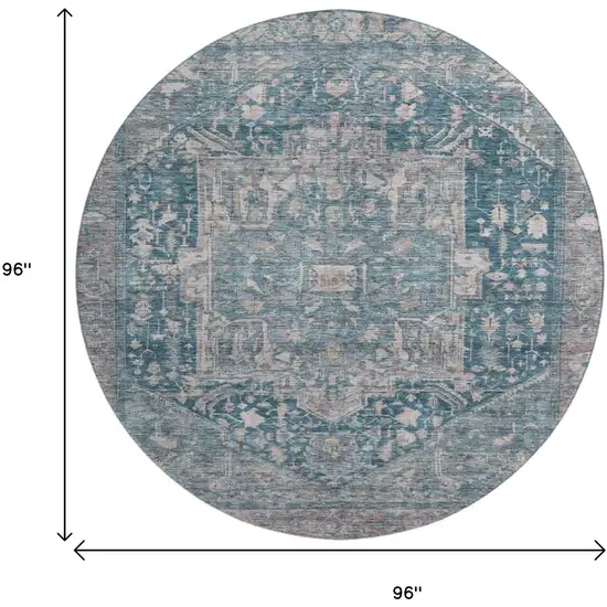 8' X 8' Blue Gray And Silver Oriental Washable Round Rug With UV Protection Photo 9