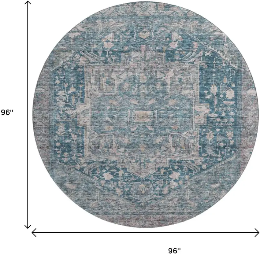 8' X 8' Blue Gray And Silver Oriental Washable Round Rug With UV Protection Photo 9