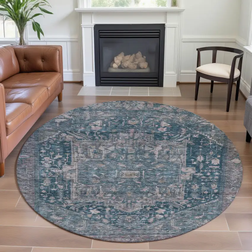 8' X 8' Blue Gray And Silver Oriental Washable Round Rug With UV Protection Photo 4