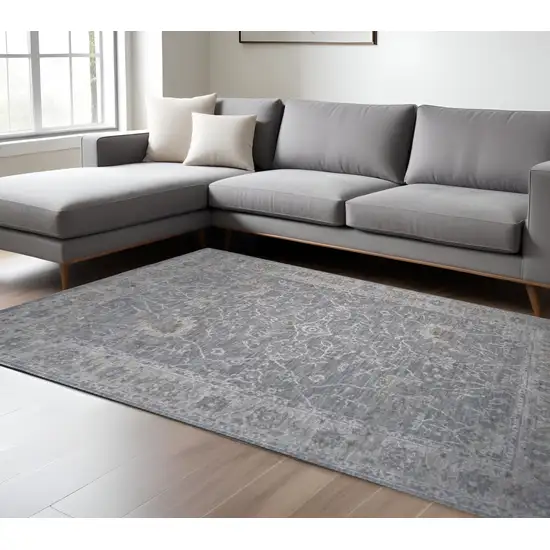 Blue Gray Southwestern Floral Stain Resistant Area Rug Photo 1