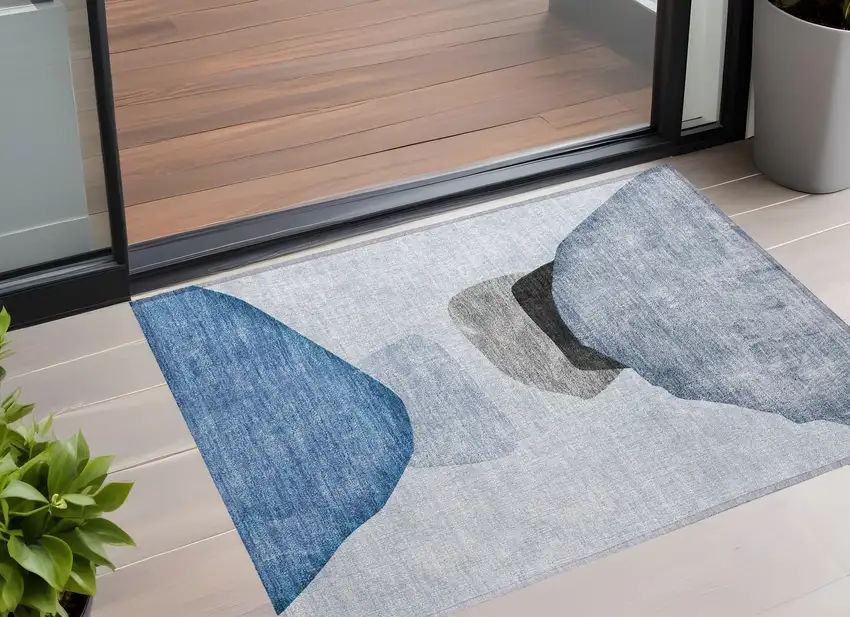 3' X 4' Blue Gray and Black Abstract Washable Non Skid Indoor Outdoor Area Rug Photo 1