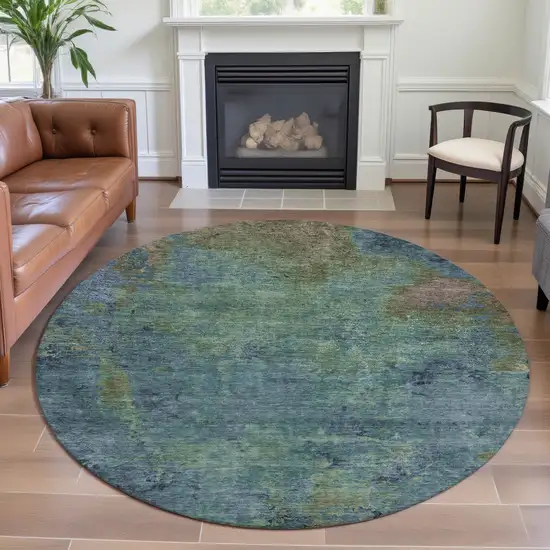 8' X 8' Blue Green And Beige Abstract Washable Round Rug With UV Protection Photo 4