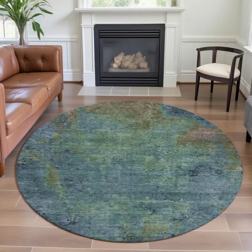 8' X 8' Blue Green And Beige Abstract Washable Round Rug With UV Protection Photo 4