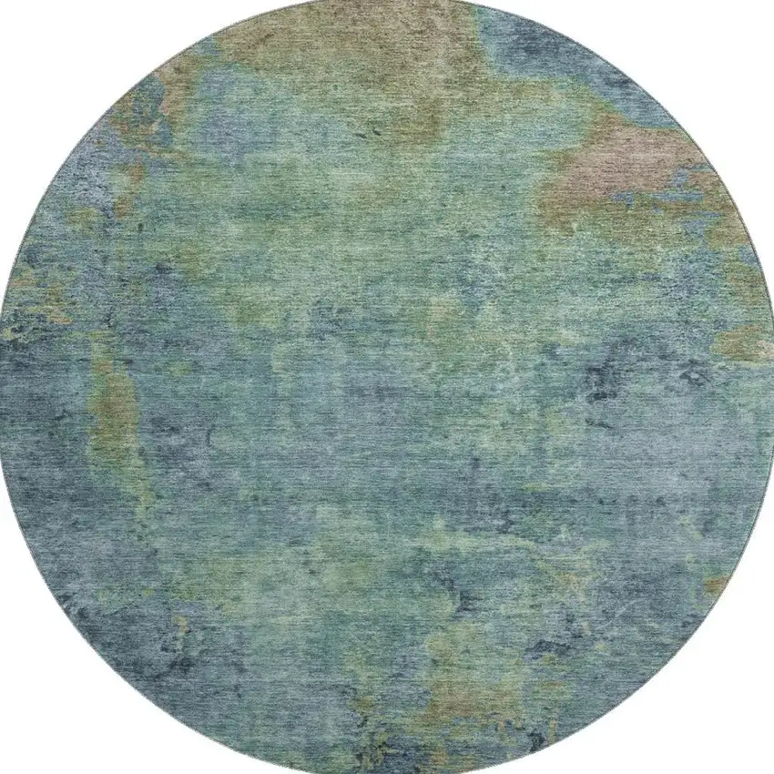 8' X 8' Blue Green And Beige Abstract Washable Round Rug With UV Protection Photo 3