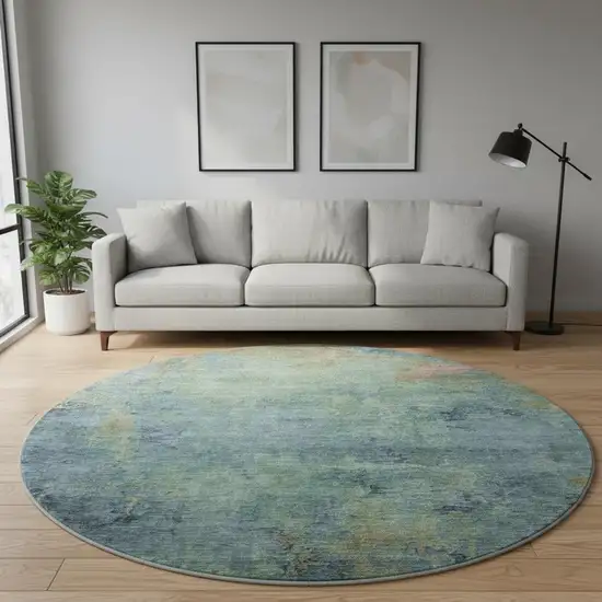 8' X 8' Blue Green And Beige Abstract Washable Round Rug With UV Protection Photo 2