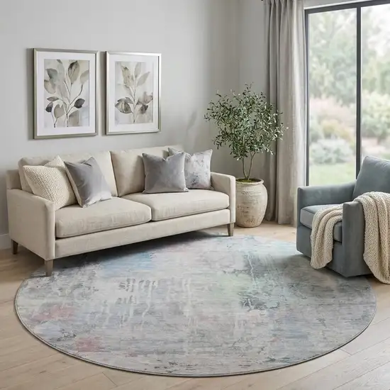 8' X 8' Blue Green And Gray Abstract Washable Round Rug With UV Protection Photo 1