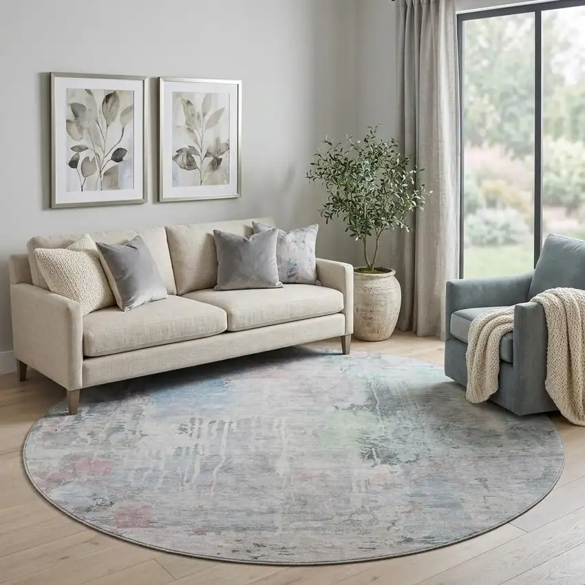 8' X 8' Blue Green And Gray Abstract Washable Round Rug With UV Protection Photo 1