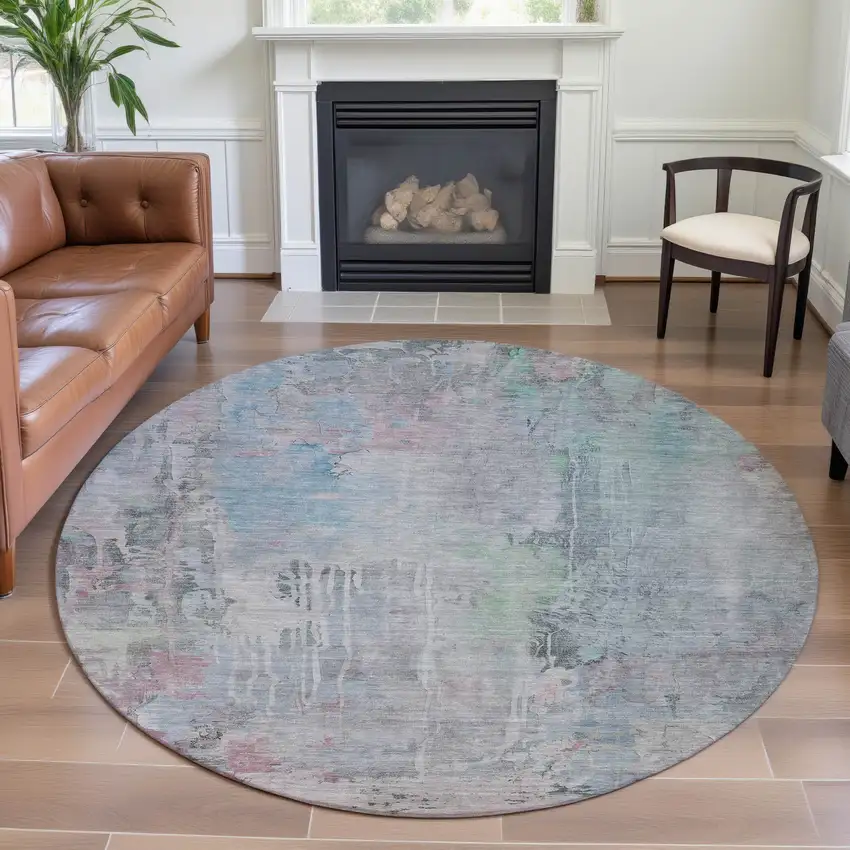 8' X 8' Blue Green And Gray Abstract Washable Round Rug With UV Protection Photo 4