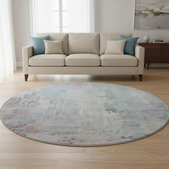 8' X 8' Blue Green And Gray Abstract Washable Round Rug With UV Protection Photo 2