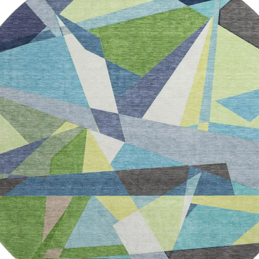 8' X 8' Blue Green And Gray Geometric Washable Round Rug With UV Protection Photo 2
