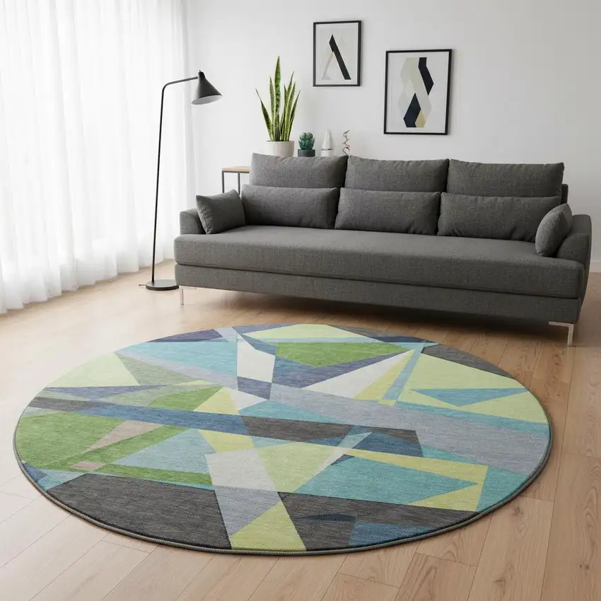 8' X 8' Blue Green And Gray Geometric Washable Round Rug With UV Protection Photo 2