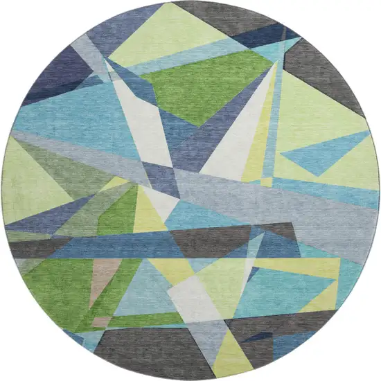 8' X 8' Blue Green And Gray Geometric Washable Round Rug With UV Protection Photo 1