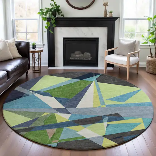 8' X 8' Blue Green And Gray Geometric Washable Round Rug With UV Protection Photo 4