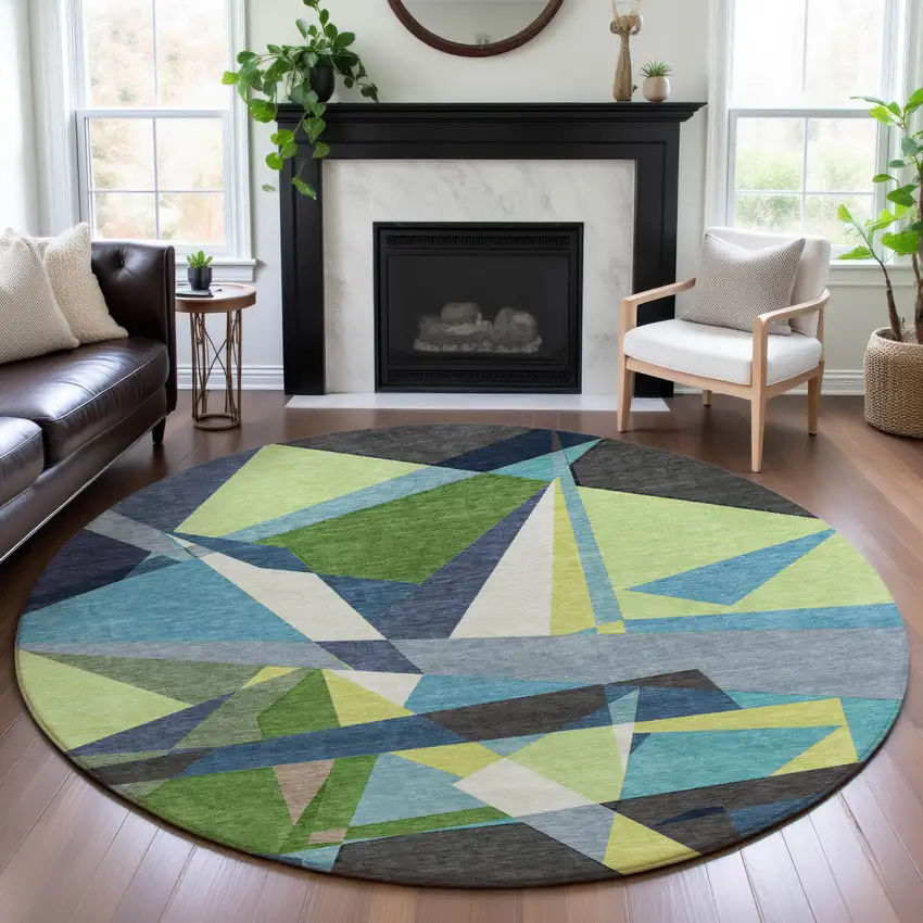 8' X 8' Blue Green And Gray Geometric Washable Round Rug With UV Protection Photo 4