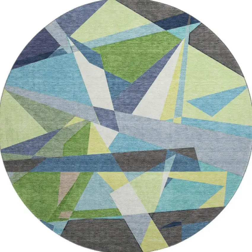 8' X 8' Blue Green And Gray Geometric Washable Round Rug With UV Protection Photo 3